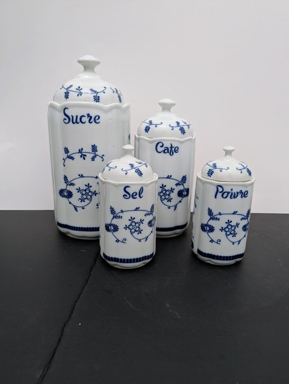 French Blue & White Canister set 4 WNV Blue Onion Style Sucre Cafe Sel Poivre